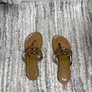Tory Burch Tan Leather Logo Thong Sandals with Gold Accent